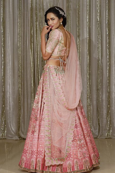 Shop Archana Kochhar Pink Silk, Net Beads, Tassels, Mirrors, Roman Mosaic Print Bridal Lehenga Set at Aza Fashions Shop_Archana Kochhar_Pink Silk, Net Beads, Tassels, Mirrors, Roman Mosaic Print Bridal Lehenga Set _at_Aza_Fashions