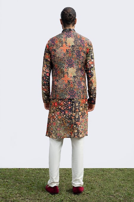 Shop Kaka Calcutta Black Bamboo, Cotton, Silk Mirrors, Floral Print Kurta And Pyjama Pant Set at Aza Fashions Shop_Kaka Calcutta_Black Bamboo, Cotton, Silk Mirrors, Floral Print Kurta And Pyjama Pant Set _at_Aza_Fashions