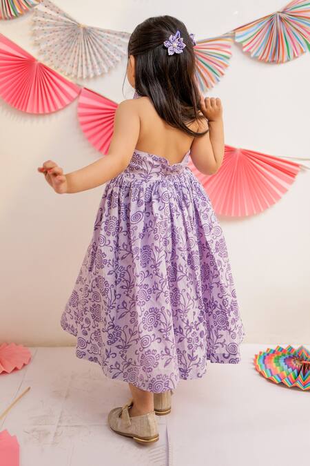 Shop_Tiny Colour_Purple Cotton Embroidery Twinkle Printed Frock _at_Aza_Fashions