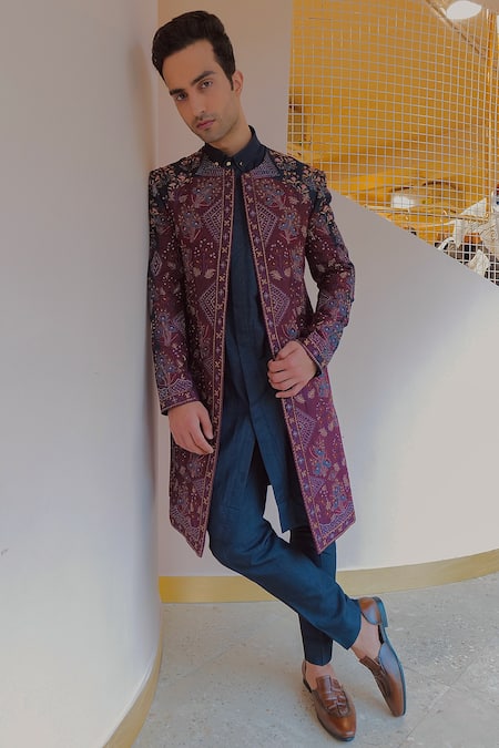 Shop Jatin Malik Blue Silk Embroidery, Zari Zardozi Floral Jacket Kurta Set at Aza Fashions Shop_Jatin Malik_Blue Silk Embroidery, Zari Zardozi Floral Jacket Kurta Set _at_Aza_Fashions