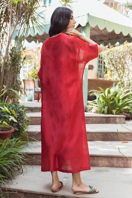 Shop Raiman Red Chanderi Embroidery V-neck Kaftan Dress at Aza Fashions Shop_Raiman_Red Chanderi Embroidery V-neck Kaftan Dress _at_Aza_Fashions