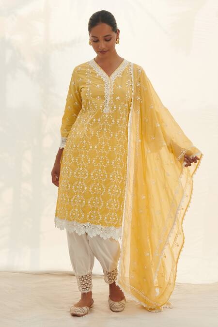 Shop_Mulmul_Yellow 100% Pure Mulmul Embroidery Thread Veliena Kurta And Pant Set _at_Aza_Fashions