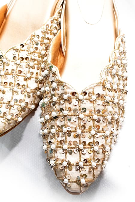 Shop Foot Fuel Gold Embroidery Fairystyle Mule Block Heels at Aza Fashions Shop_Foot Fuel_Gold Embroidery Fairystyle Mule Block Heels _at_Aza_Fashions