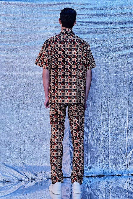 Shop_Line Out Line_Brown Cotton Poplin Print Chevron Geo Resort Shirt_at_Aza_Fashions
