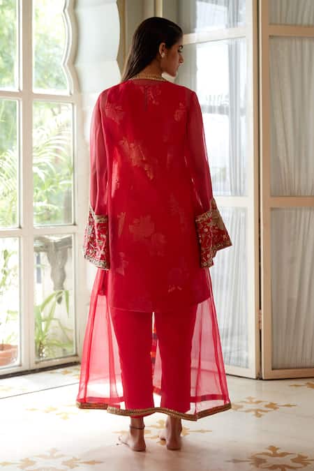 Shop Atelier Shikaarbagh Red Lurex, Organza, Satin Embroidery Round Neck, Kurta Overlay Set at Aza Fashions Shop_Atelier Shikaarbagh_Red Lurex, Organza, Satin Embroidery Round Neck, Kurta Overlay Set _at_Aza_Fashions