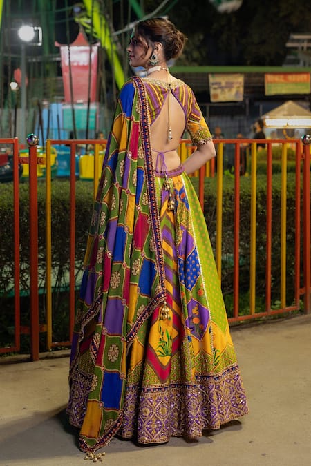 Shop_Irrau by Samir Mantri_Multi Color Organza, Denim Embroidery, Gota Patti Abstract Print Lehenga Set _at_Aza_Fashions