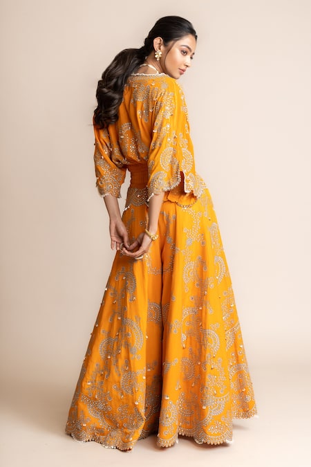 Shop_Nupur Kanoi_Orange V-neck Hand Embroidered Kaftan And Sharara Set _at_Aza_Fashions
