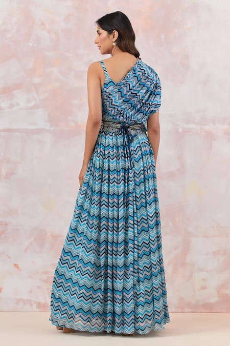 Shop_Basanti - Kapde Aur Koffee_Blue Chiffon, Cotton Embroidery, Tassels Chevron Print Draped Gown With Belt _at_Aza_Fashions