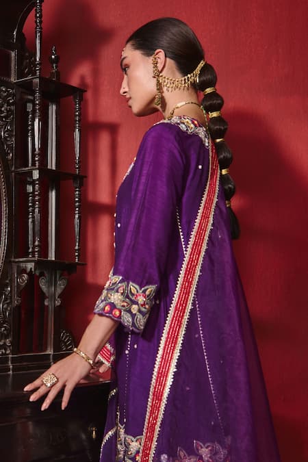 Shop Ajiesh Oberoi Purple Silk, Organza Embroidery, Gota Patti Round Neck Shagun Kurta Sharara Set at Aza Fashions Shop_Ajiesh Oberoi_Purple Silk, Organza Embroidery, Gota Patti Round Neck Shagun Kurta Sharara Set _at_Aza_Fashions
