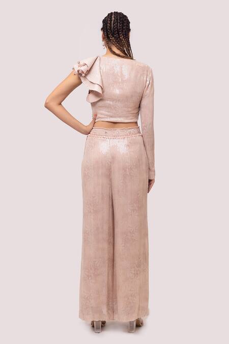 Shop Onaya Peach Georgette Pearls, Sequins V-neck Embellished Crop Top And Palazzo Set at Aza Fashions Shop_Onaya_Peach Georgette Pearls, Sequins V-neck Embellished Crop Top And Palazzo Set_at_Aza_Fashions