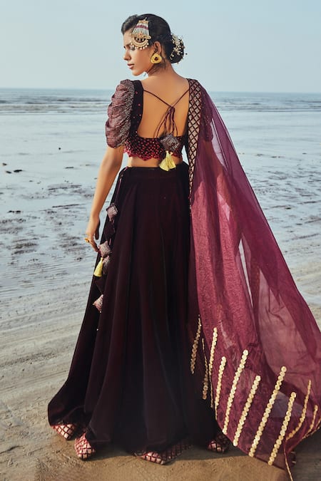 Shop Monk & Mei By Sonia Anand Wine Velvet, Organza Sequins Sweetheart Neck Embroidered Flared Lehenga Set at Aza Fashions Shop_Monk & Mei By Sonia Anand_Wine Velvet, Organza Sequins Sweetheart Neck Embroidered Flared Lehenga Set _at_Aza_Fashions