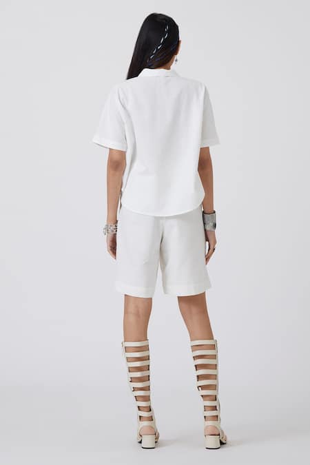 Shop The Summer House White Handloom Cotton Embroidery Cowl Neck Kati Cuban Collar Shirt at Aza Fashions Shop_The Summer House_White Handloom Cotton Embroidery Cowl Neck Kati Cuban Collar Shirt _at_Aza_Fashions
