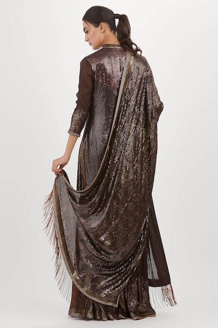 Shop Nakul Sen Brown Chiffon Embroidery, Sequins Mandarin Collar Short Kurta Sharara Set at Aza Fashions Shop_Nakul Sen_Brown Chiffon Embroidery, Sequins Mandarin Collar Short Kurta Sharara Set_at_Aza_Fashions