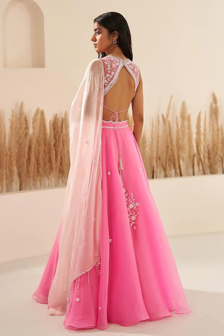 Shop_Zoon_Pink , Silk Cut Work, Sequins, Cutdana Floral Lehenga Set _at_Aza_Fashions