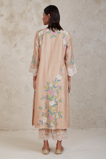 Shop Sue Mue Beige Chanderi Embroidery, Cut Work Aima Handwoven Patchwork Kurta Pant Set at Aza Fashions Shop_Sue Mue_Beige Chanderi Embroidery, Cut Work Aima Handwoven Patchwork Kurta Pant Set _at_Aza_Fashions