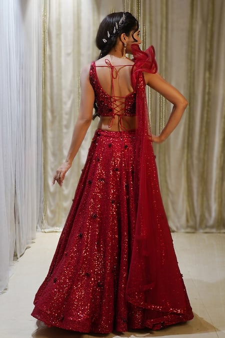 Shop_Archana Kochhar_Red Georgette, Net Crystals, Sequins Floral Pattern Lehenga And Draped Blouse Set _at_Aza_Fashions