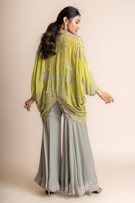 Shop_Nupur Kanoi_Green Crepe Sequins, Mirrors, Hand Embroidered Kite Tunic And Bias Gharara Set _at_Aza_Fashions