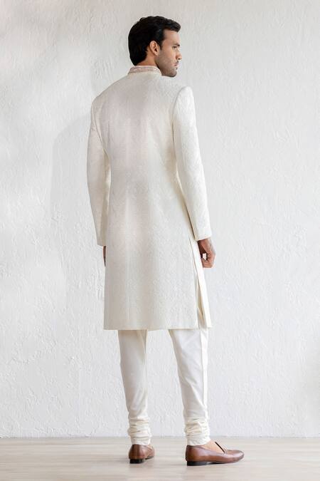 Shop_Qbik_Ivory Sherwani Georgette Floral Aadam Thread Set_at_Aza_Fashions