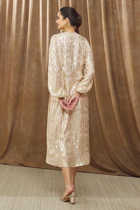 Shop_Bump Loving_Peach Viscose, Polyester Beads V-neck Nora Front Knotted Maternity Dress _at_Aza_Fashions