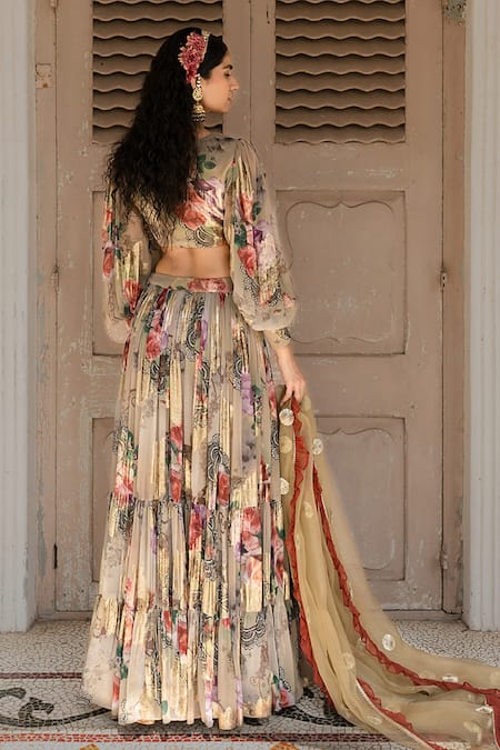 Amrin Khan Floral Print Layered Lehenga Set 