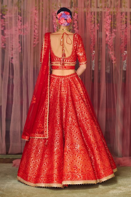 Shop Shyam Narayan Prasad Red Brocade, Net Tassels, Embroidery, Applique And Thread Work Bridal Lehenga Set at Aza Fashions Shop_Shyam Narayan Prasad_Red Brocade, Net Tassels, Embroidery, Applique And Thread Work Bridal Lehenga Set _at_Aza_Fashions