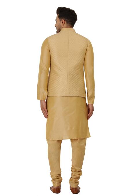 Shop_Manish Nagdeo_Gold Silk, Cotton Quilted Bundi Jacket Set _at_Aza_Fashions