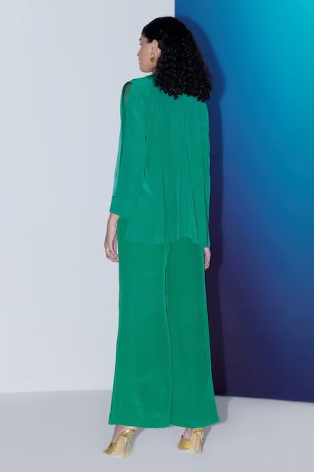 Shop Febo6 Green Silk Wide Legged Pant at Aza Fashions Shop_Febo6_Green Silk Wide Legged Pant _at_Aza_Fashions