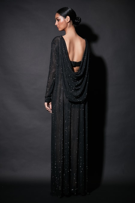 Shop_Itrh_Black Net Crystals V-neck Bella And Bloom Gown With Bralette _at_Aza_Fashions