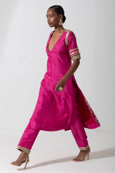 Shop_Rishi and Vibhuti_Pink Silk Zari, Sequins, Embroidery V-neck Acrine Kurta And Pant Set _at_Aza_Fashions