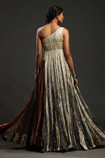Etasha By Asha Jain Metallic One Shoulder Flared Anarkali With Lehenga 