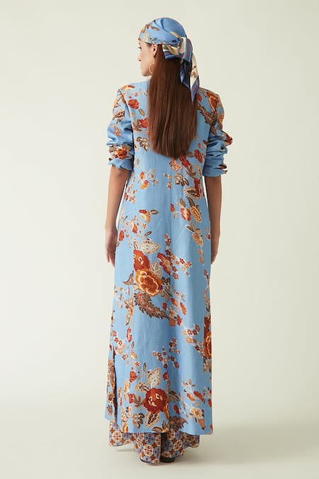 Shop Payal Pratap Blue Linen Satin Print Flower Collared Neck Muria Floral Jacket at Aza Fashions Shop_Payal Pratap_Blue Linen Satin Print Flower Collared Neck Muria Floral Jacket _at_Aza_Fashions