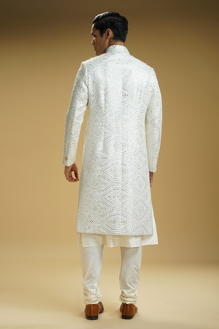 Shop Kommal Sood Off White Cotton, Silk Embroidery Gota Sherwani Set at Aza Fashions Shop_Kommal Sood_Off White Cotton, Silk Embroidery Gota Sherwani Set _at_Aza_Fashions