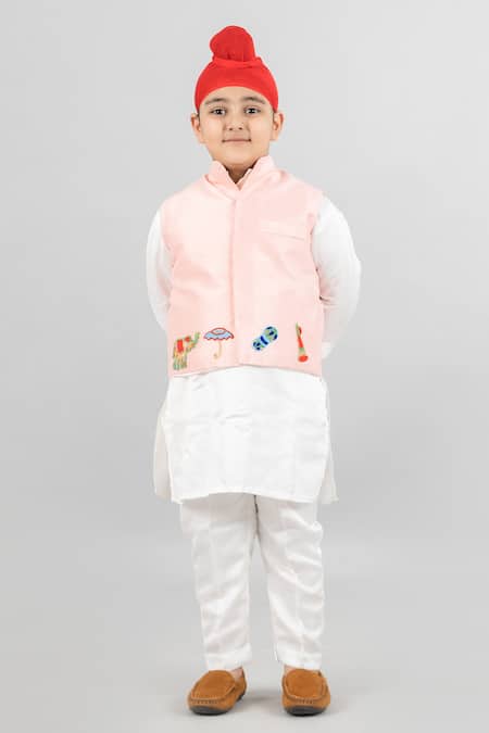 Shop_Darleen Kids Couture_Peach Silk, Tussar Embroidery Hand Bundi Kurta Set _at_Aza_Fashions