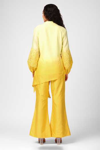 Shop Sakshi Khetterpal Yellow Chanderi Silk Embroidery Collared Ombre Shirt And Pant Set at Aza Fashions Shop_Sakshi Khetterpal_Yellow Chanderi Silk Embroidery Collared Ombre Shirt And Pant Set _at_Aza_Fashions
