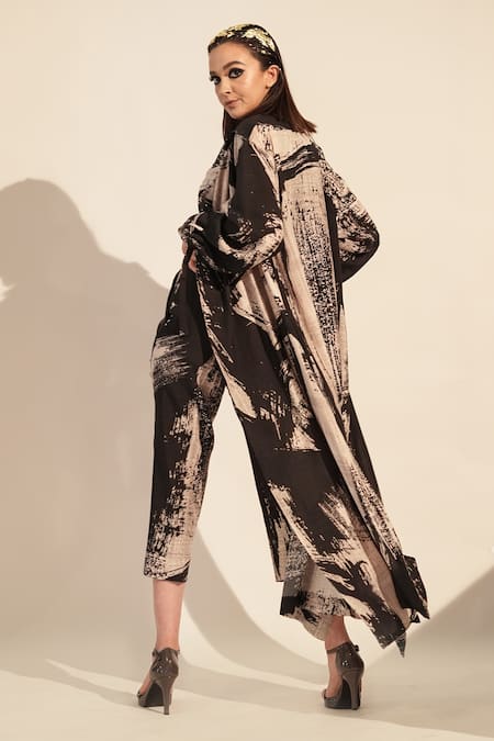 Shop_Nikita Mhaisalkar_Black Silk Open Neck Brush Stroke Print Jacket _at_Aza_Fashions