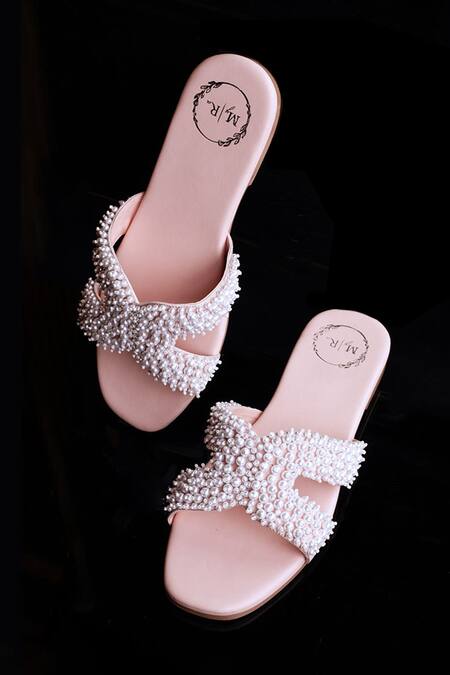 Shop Myra Pink Pearl Embellished Pebble Leather Flats at Aza Fashions Shop_Myra_Pink Pearl Embellished Pebble Leather Flats_at_Aza_Fashions