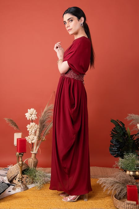 Label Shristi Chetani Draped Gown With Embroidered Belt 