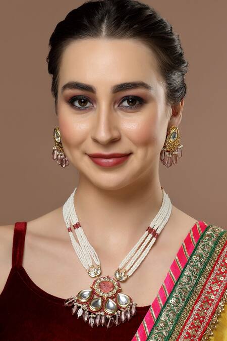 Shop Dugran By Dugristyle Pink Pearls, Stones, Gota Patti Tear Drop Shaped Pendant Necklace Set at Aza Fashions Shop_Dugran By Dugristyle_Pink Pearls, Stones, Gota Patti Tear Drop Shaped Pendant Necklace Set _at_Aza_Fashions