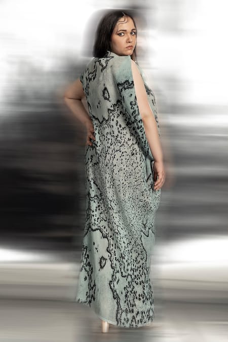 Shop Abhishek Sharma Green Polyester Lace High Neck Reef Print Textured Gown at Aza Fashions Shop_Abhishek Sharma_Green Polyester Lace High Neck Reef Print Textured Gown _at_Aza_Fashions