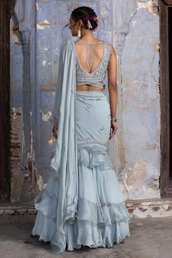 Nitika Gujral_Blue Georgette, Organza Beads, Crystals Ruffle Draped Saree With Cutout Blouse _Online_at_Aza_Fashions