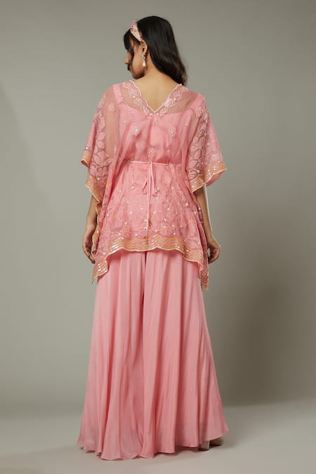 Shop I Am Design Pink Chiffon, Silk Organza Floral Candy Floss Palazzo And Embroidered Kaftan Set at Aza Fashions Shop_I Am Design_Pink Chiffon, Silk Organza Floral Candy Floss Palazzo And Embroidered Kaftan Set _at_Aza_Fashions