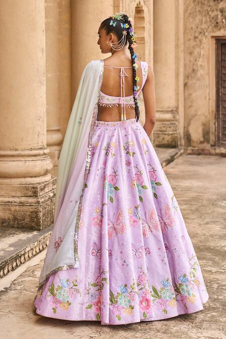 Shop_Lashkaraa_Purple Velvet, Satin Beads, Sequins, Cut Work, Peony And Butterfly Lehenga Set_at_Aza_Fashions
