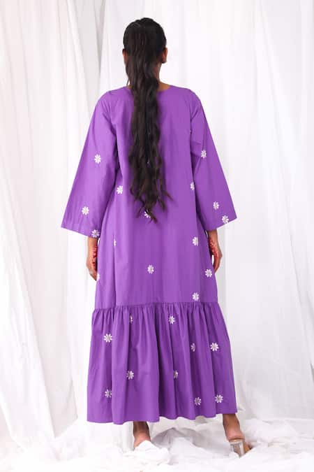 Shop Khat Purple Cotton Embroidery Round Neck Flower Tiered Dress at Aza Fashions Shop_Khat_Purple Cotton Embroidery Round Neck Flower Tiered Dress _at_Aza_Fashions