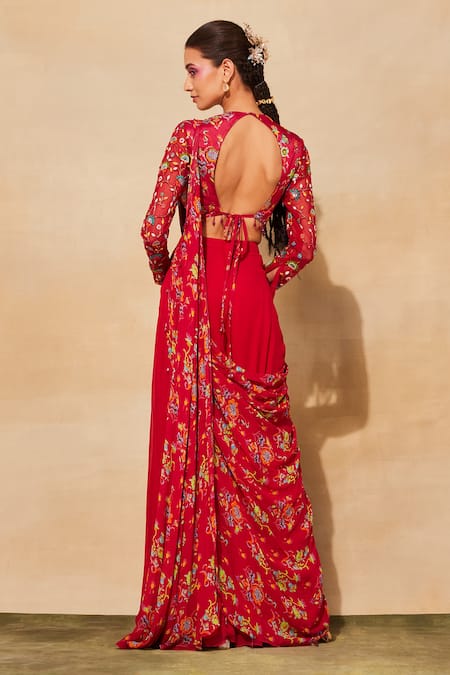 Diyarajvvir Floral Jaal Print Blouse & Sharara Saree Set 