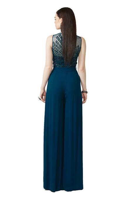 Shop Rohit Gandhi + Rahul Khanna Blue Georgette Embroidered V Neck Jumpsuit With Belt at Aza Fashions Shop_Rohit Gandhi + Rahul Khanna_Blue Georgette Embroidered V Neck Jumpsuit With Belt _at_Aza_Fashions