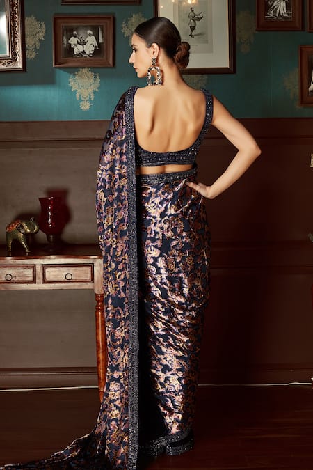 Priyanka Jain_Blue Velvet Lining Shantoon Floral Print, Sequin Pre-draped Saree With Blouse _Online_at_Aza_Fashions