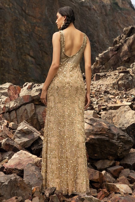 Shop_Nandita Thirani_Gold Lycra And Tulle Embroidery Round Leaf Sleeveless Gown  _at_Aza_Fashions