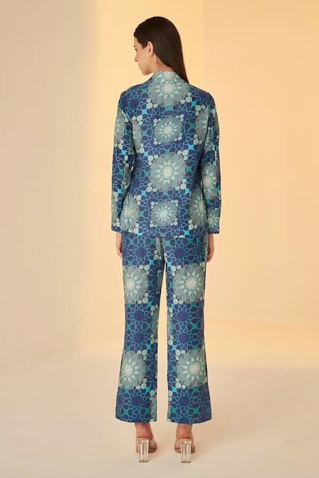 Shop_Betrue_Blue Cotton, Silk Collared Printed Wrap Jacket And Pant Set _at_Aza_Fashions