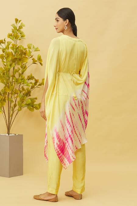 Shop_Samyukta Singhania_Yellow Chiffon, Denim Embroidery, Zari, Sequins Draped Shaded Top With Pant_at_Aza_Fashions
