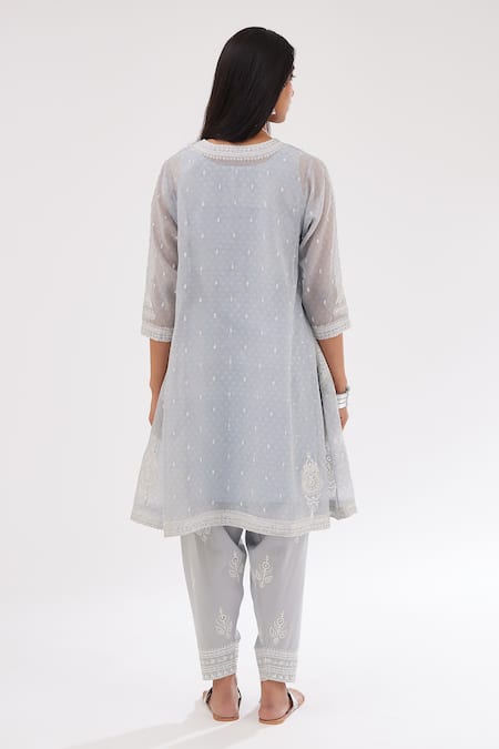 Shop Kora Blue Cotton, Chanderi Sequins, Embroidery Round Printed Short Kalidar Kurta Set at Aza Fashions Shop_Kora_Blue Cotton, Chanderi Sequins, Embroidery Round Printed Short Kalidar Kurta Set _at_Aza_Fashions